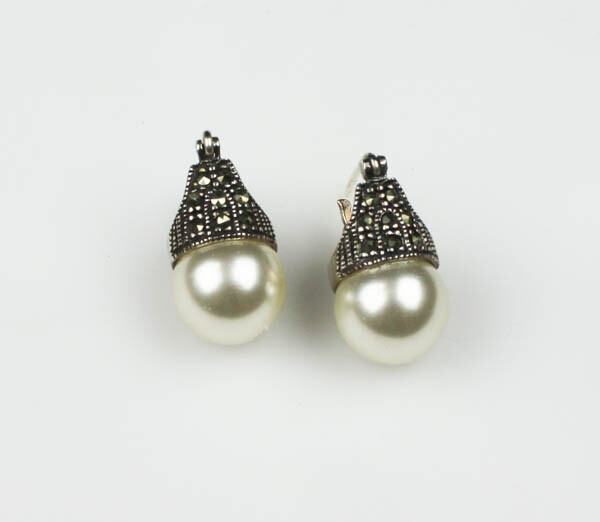 925 Sterling Silver Pearl Earrings, Marcasite Setting, Snap, 10mm pearl