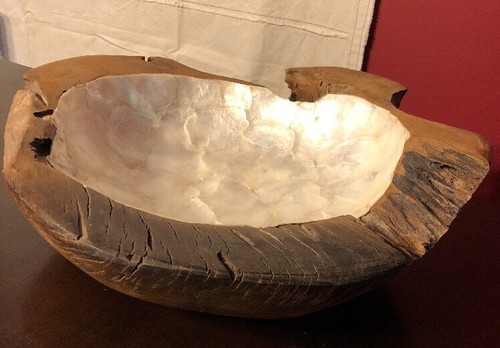 HUGE Teak Root Wood Bowl Fossil Dish Hand Crafted Capiz Pearl Shell inlay 16”x5”