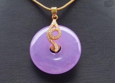 Genuine Lavender Purple Jade Circle Imitation Diamond Flower Pendant Necklace