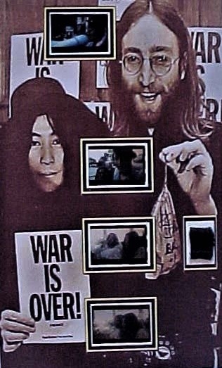 Beatles John Lennon Worn Clothing WAR IS OVER Film Display Guitar Pick and Medal