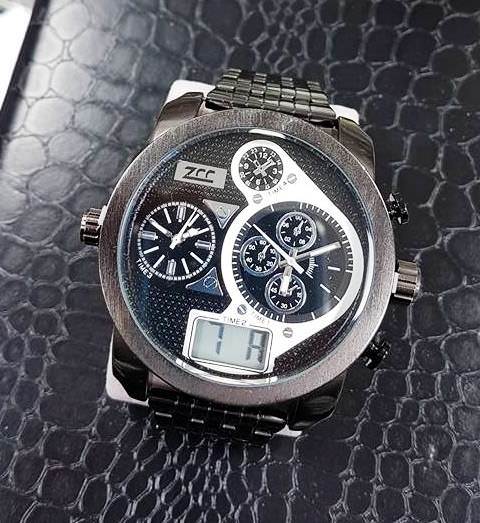 Orologio Da Polso Zcc Time2 Grande Uomo Analogico Digitale Quarzo Nero Bianc lac