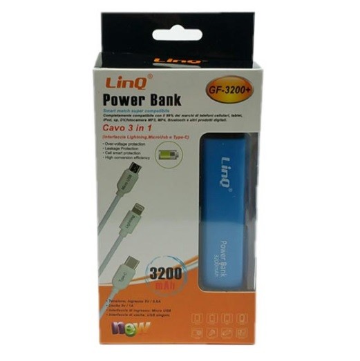 Power Bank Batteria Esterna 3200 mAh Con Cavo 3in1 - LinQ Gf-3200+