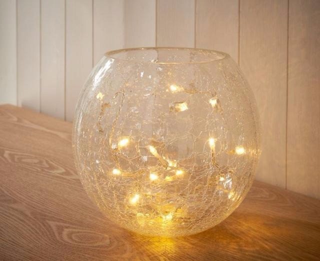 Large Crackle Glass Bowl With 20 Led Battery Operated String