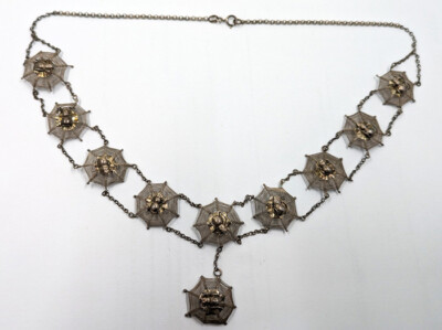 Vintage Antique Victorian 1800 -1900 Spiders on Web Necklace Silver Hand Made