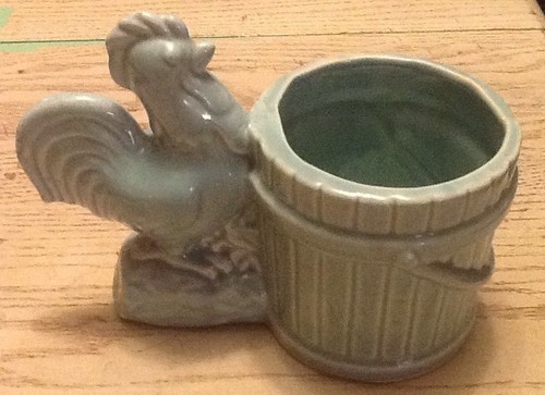 Vintage Aqua Pottery Rooster Pail Bucket Planter Trinket Holder Memory Catcher