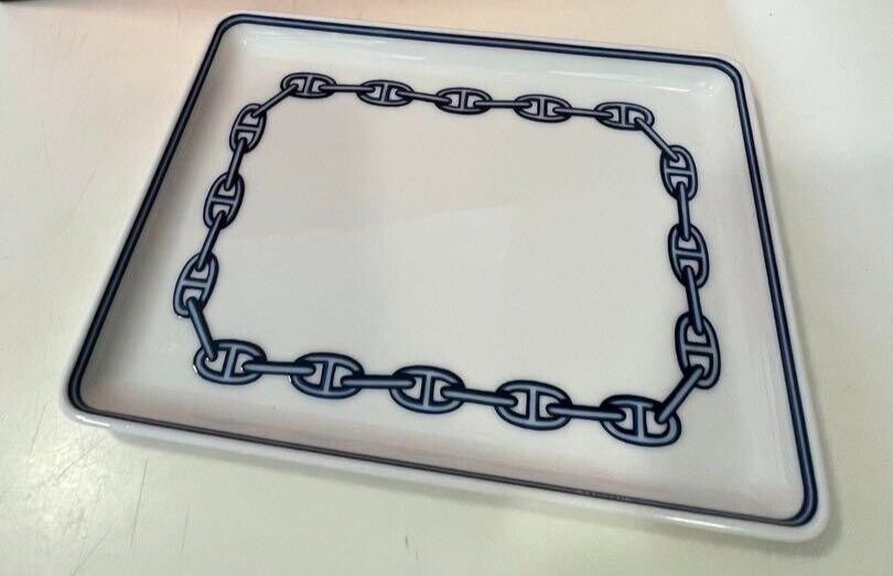 HERMES CHAINE D'ANCRE Blue Porcelain Tray Square Plate 16 x 12 cm No Box