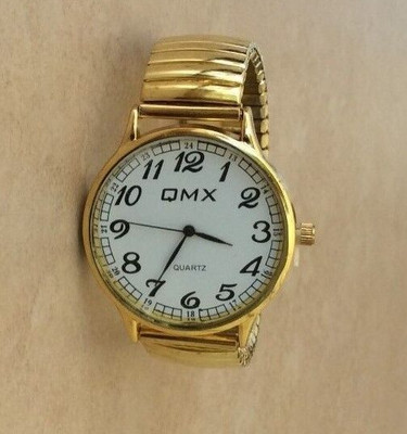 QMX Men's Gold Watch Round White Dial 12/24 Hours on a Gold Stretch Band New!