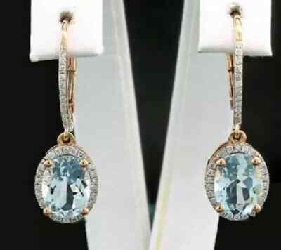 4Ct Oval Cut Aquamarine Diamond Drop/Dangle Earrings Solid 18K Yellow Gold Over