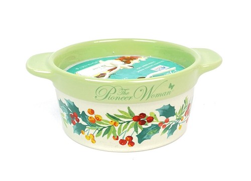 THE PIONEER WOMAN 8oz Ceramic Cocotte Holly Fir Tree Candle NEW