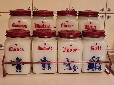 Vintage Dove Frank Tea & Spice 8 glass Jars & Holder blue Dutch figures red cap