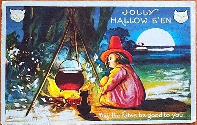 1909 Vintage HALLOWEEN Postcard WITCH Black Cat Wiccan Cauldron Fire Moon FATES