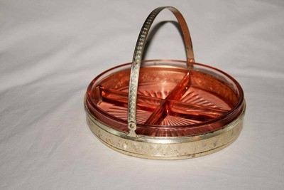 Vintage Pink Depression Glass 4 Part Dish in Silver Basket   #1515