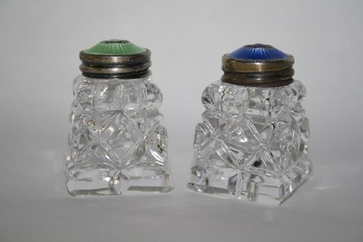 Vintage Norway Sterling Silver Guilloche Enamel Crystal Salt & Pepper Shaker Set