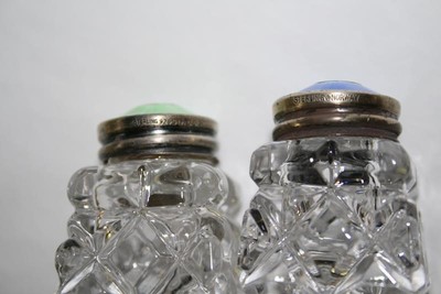Vintage Norway Sterling Silver Guilloche Enamel Crystal Salt & Pepper Shaker Set
