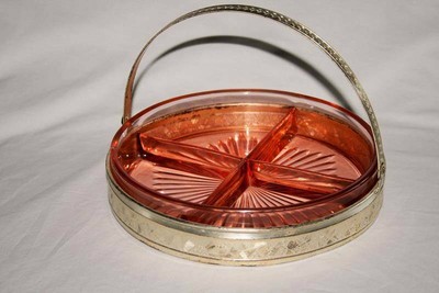 Vintage Pink Depression Glass 4 Part Dish in Silver Basket   #1515