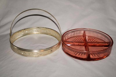 Vintage Pink Depression Glass 4 Part Dish in Silver Basket   #1515