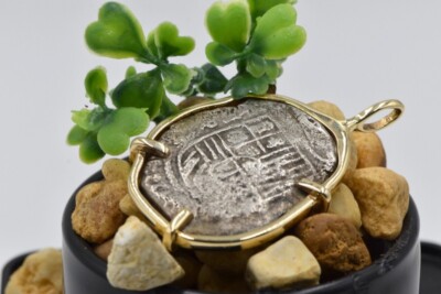 14K & Silver Shipwreck Atocha Pirate Treasure Solid Gold Coin Bezel Set Pendant