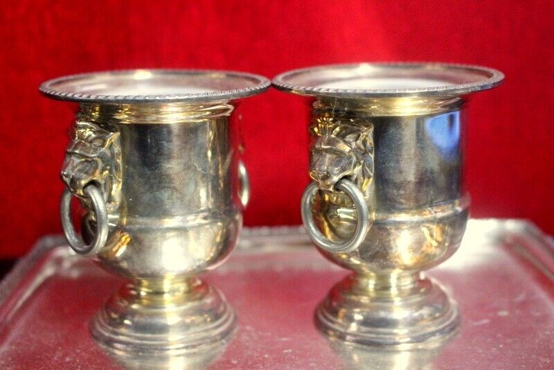 Pair Viners English Sheffield Silver Plated Lion Head Trophy Urn Candle Holder