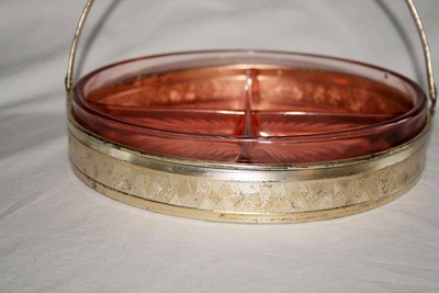 Vintage Pink Depression Glass 4 Part Dish in Silver Basket   #1515