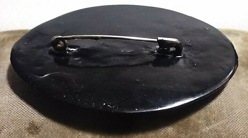 Kholui Russian Village Folk Art Pin Oval Black Lacquer Hand Painted Signed