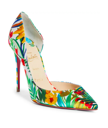 Pre-owned Christian Louboutin Women Iriza Floral Print 4" Half D'orsay Size 35.5 Green In Red