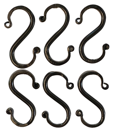 6 Wrought Iron 3 inch S Hooks - Hand Forged Hook Set with Scrolls AMISH USA