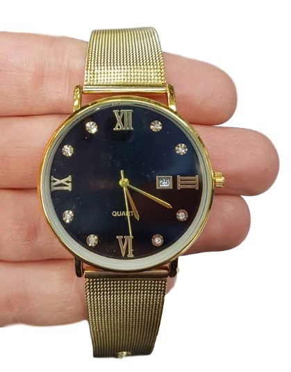 Orologio Da Polso Unisex Analogico Quarzo Data Brillantini Oro Fondo Nero lac