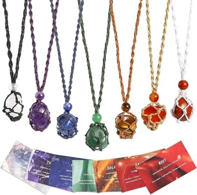 7 Chakra Healing Crystal Necklace Set - Boho Handmade Cord Cage and Hippie Energ