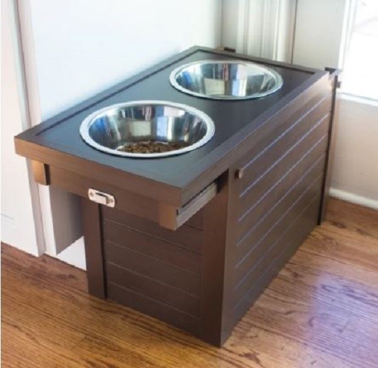 Elevated Dog Food Bowl Set Wooden Large Breed Storage Holder White or Brown