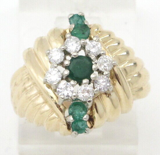 14k Yellow Gold Round Green Emerald Diamond Cluster Cocktail Gemstone Ring .58ct