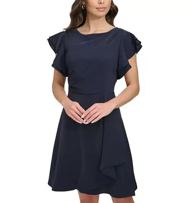 DKNY Womens Flutter Sleeve Ruched Dress 10 Midnight New with Tags