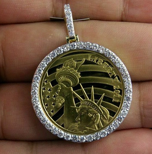 Pre-owned Online0369 Men's 2.10ct Cubic Zirconia Coin Liberty Lady Charm Pendant 925 Silver Free Stud In White