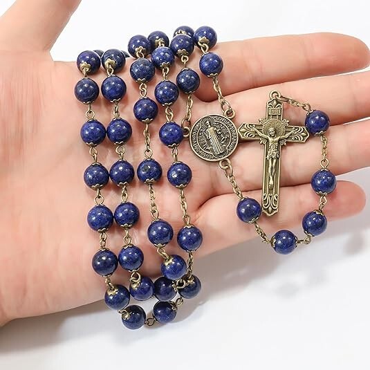 Natural Lapis Lazuli Stone Rosary Beads Necklace St. Benedict Cross and Medal