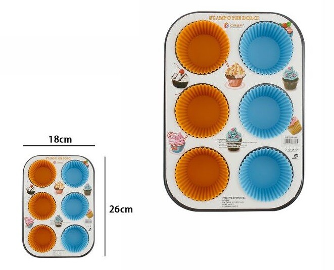 Stampo Teglia Vassoio Antiaderente Silicone 6 Muffin Cupcake Dolci Budino dfh