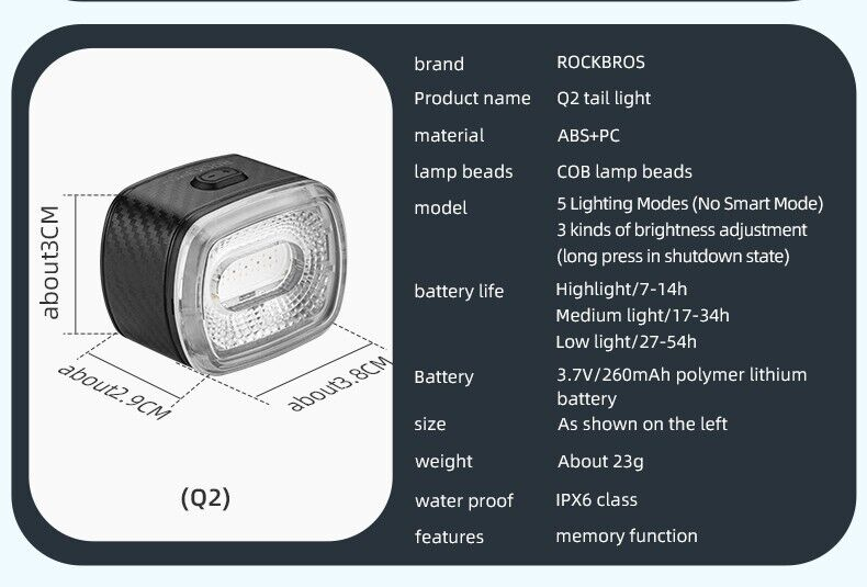 ROCKBROS Bike Smart Taillight Break Sensing Rear Light Type-C IPX6 Waterproof 