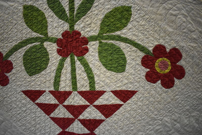 Red and Green Applique Flower Basket Quilt, Large Size, Well Quilted,  #18509