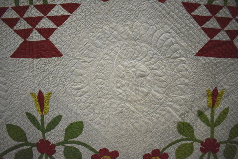 Red and Green Applique Flower Basket Quilt, Large Size, Well Quilted,  #18509