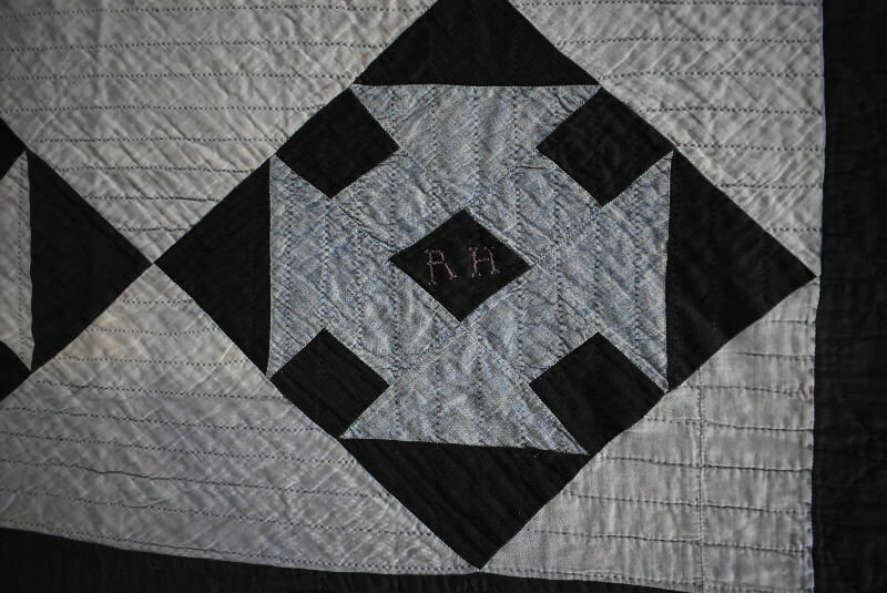 Indiana Amish Antique Quilt, Churn Dash Friendship, Embroidered Initials, #18503