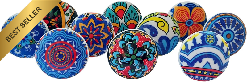 Vintage Multi Blue Painted Ceramic Pull Knobs for Kitchen Cabinet, Door & Drawer
