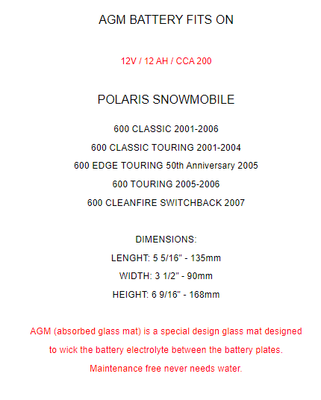 AGM Battery for Polaris 600 Classic Touring 2001-2006 / 600 Switchback 2007