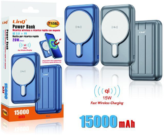 Powerbank 15000 Ricarica Rapida Wireless Con Magnete 15W T108L linq