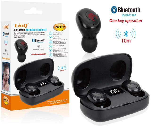 Set Doppio Auricolare Bluetooth Con Box Di Ricarica R8322 linq