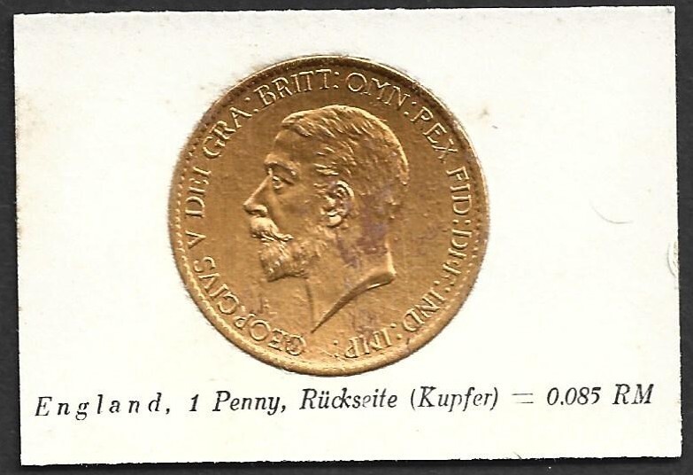 (BL) German Golden Foil England, 1 Penny, Rückseite (Kupfer) = 0.085 RM Replica