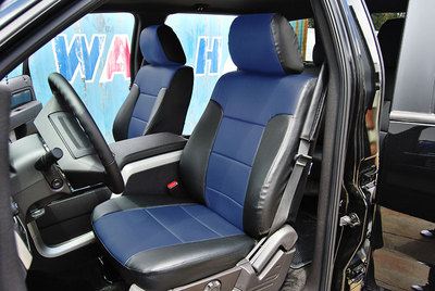 IGGEE CUSTOM FRONT SEAT COVERS FOR FORD F-250 F-350 2011~2016 BLACK/BLUE
