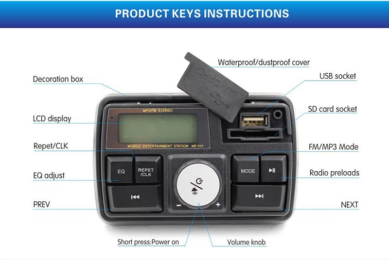  UTV, ATV, AntiTheft Speakers FM USB Audio System Stereo WRemote Waterproof