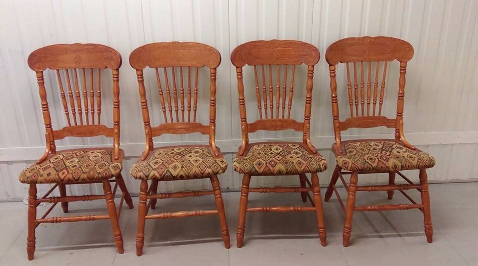 2 dining chairs, solid oak,carved back,clean cushion,sturdy,match my
