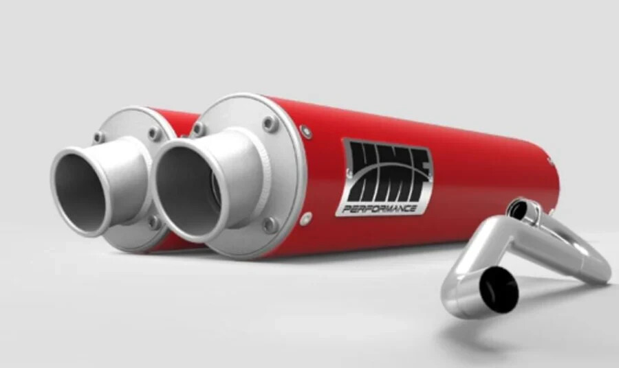 HMF '15-'23 Polaris General Dual Full Exhaust System Turn Down Brushed/Red