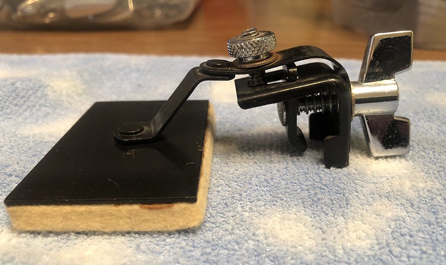 Vintage floor tom / ride tom tone control arm / muffler. Exterior-take on/off