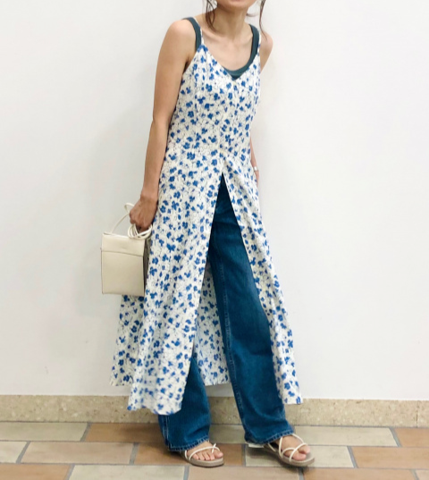 Uniqlo Women Printed Button Down Camisole Flare Dress Navy