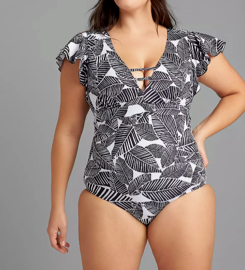 FLATTERING LANE BRYANT SWIM GRAPHIC LEAVES FLUTTER SLEEVE ONE PIECE SWIM SUIT 22